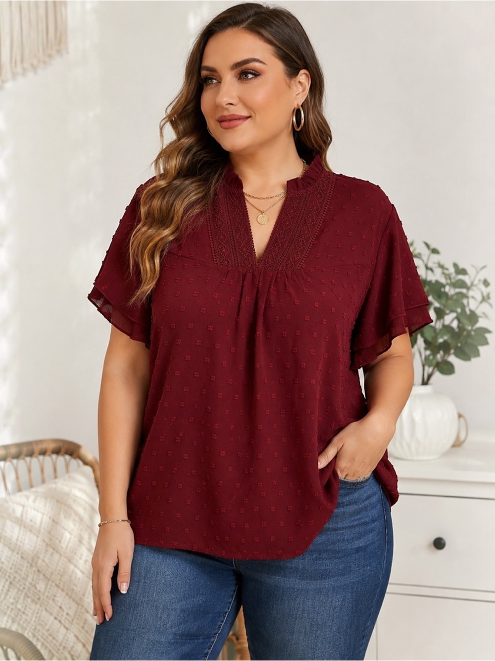 Falechay 3XL Burgundy Swiss Dot Lace Flutter Sleeve Boho Blouse